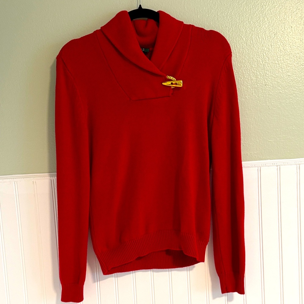 Ralph Lauren red Sweater w/ Gold Pin size small excellent condition. 100% cotton